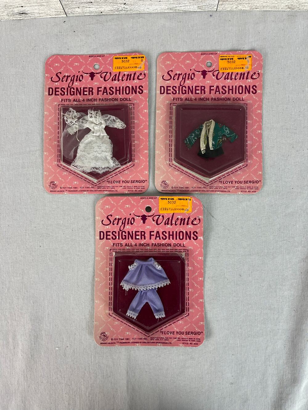 Sergio Valente Designer Fashions Set ofThree New Outfits For 4 Inch Dolls 1981